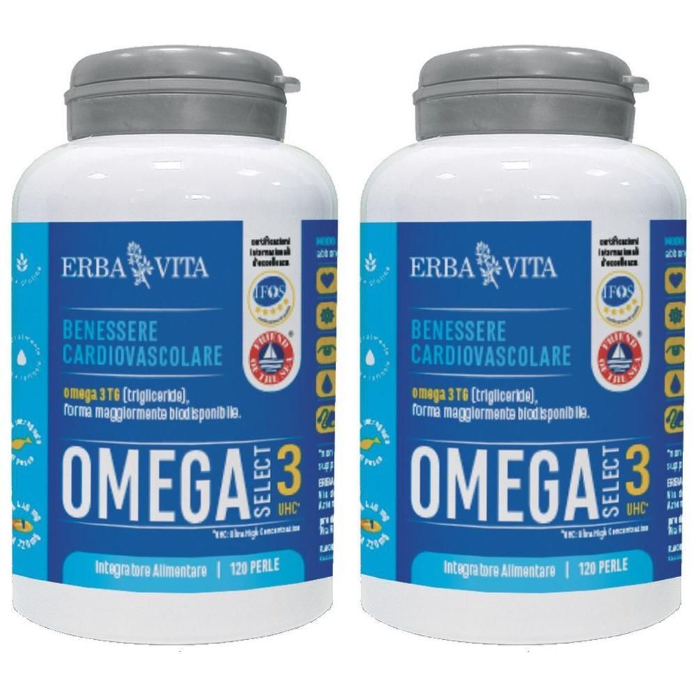Due flaconi di Omega 3 Select Erba Vita, 120 perle ciascuno. Per il benessere cardiovascolare.