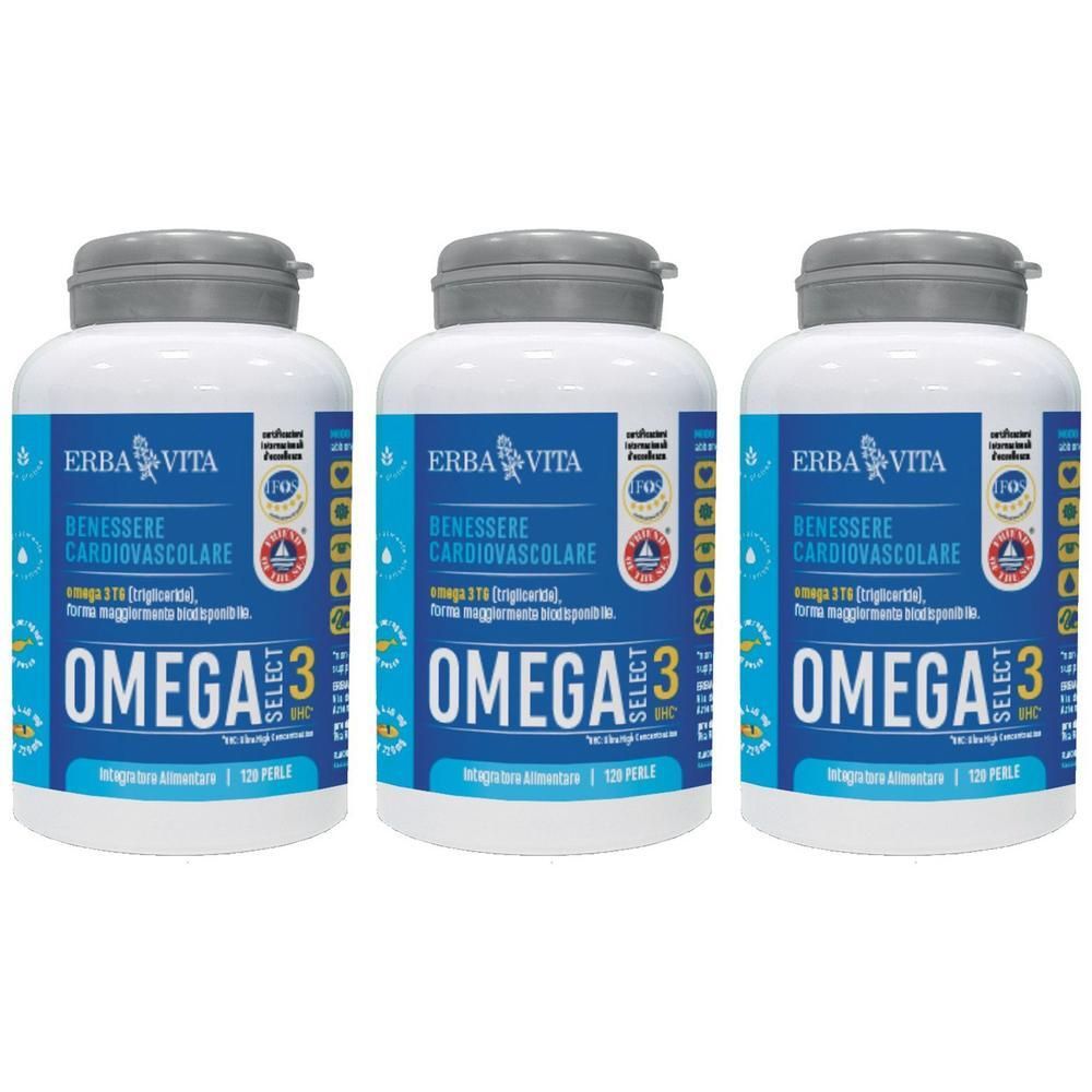 Tre flaconi di Omega 3 Select Erba Vita, bianchi con etichette blu e tappi grigi. Ogni flacone contiene 120 perle.