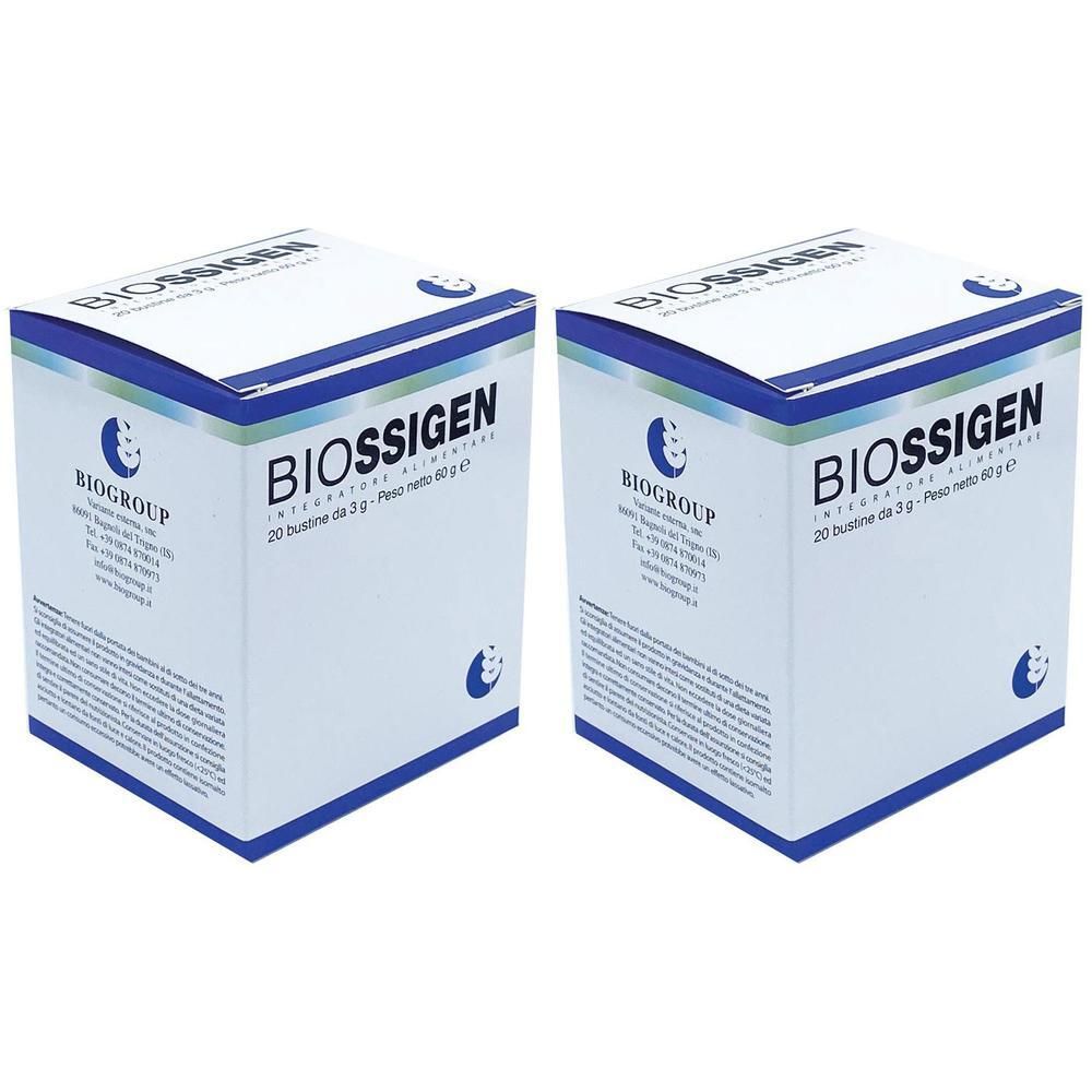 Due confezioni di integratore alimentare Biossigen, ciascuna con 20 bustine.