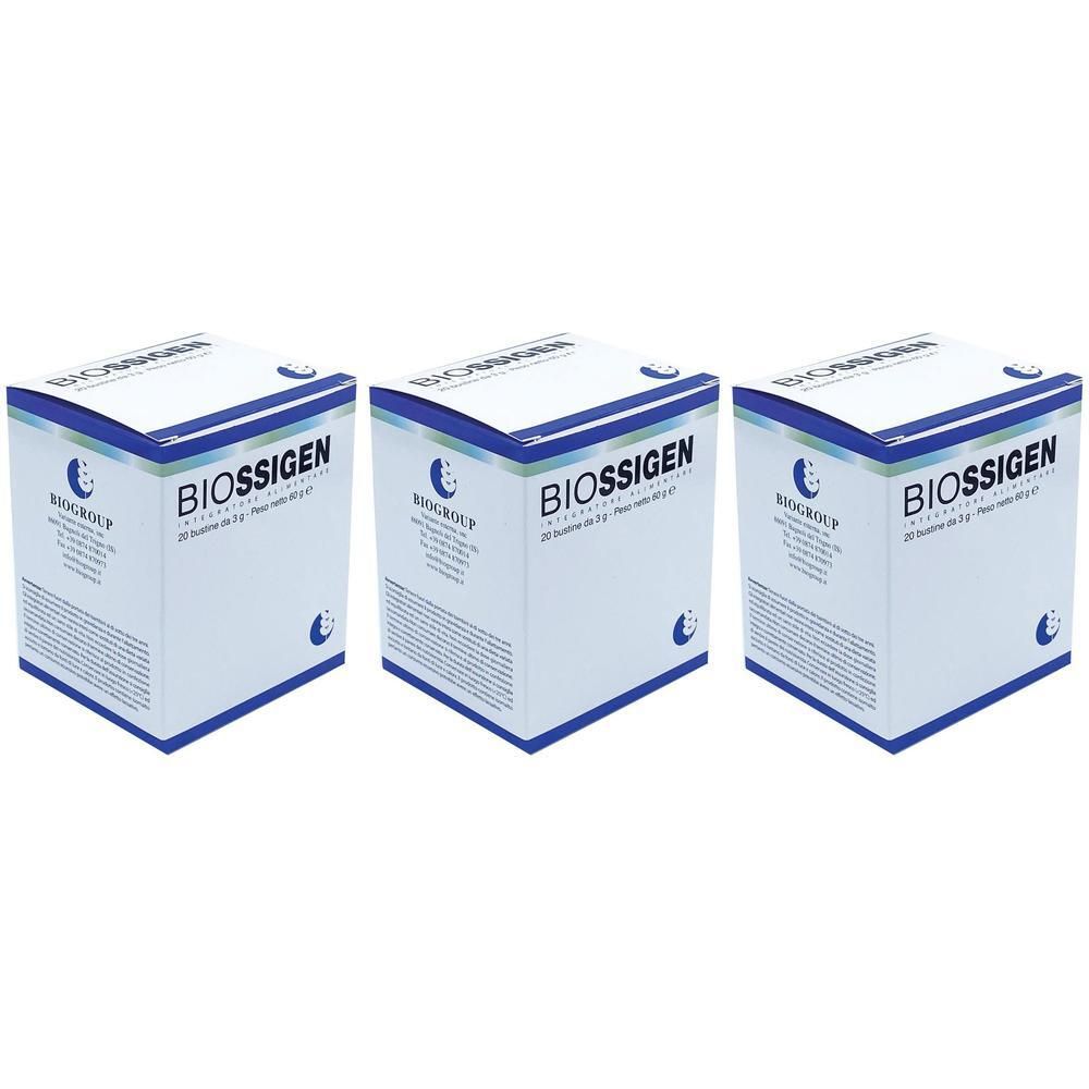 Tre confezioni di Biossigen, ciascuna con 20 bustine da 2 g. Scatole bianche con accenti blu e verdi.