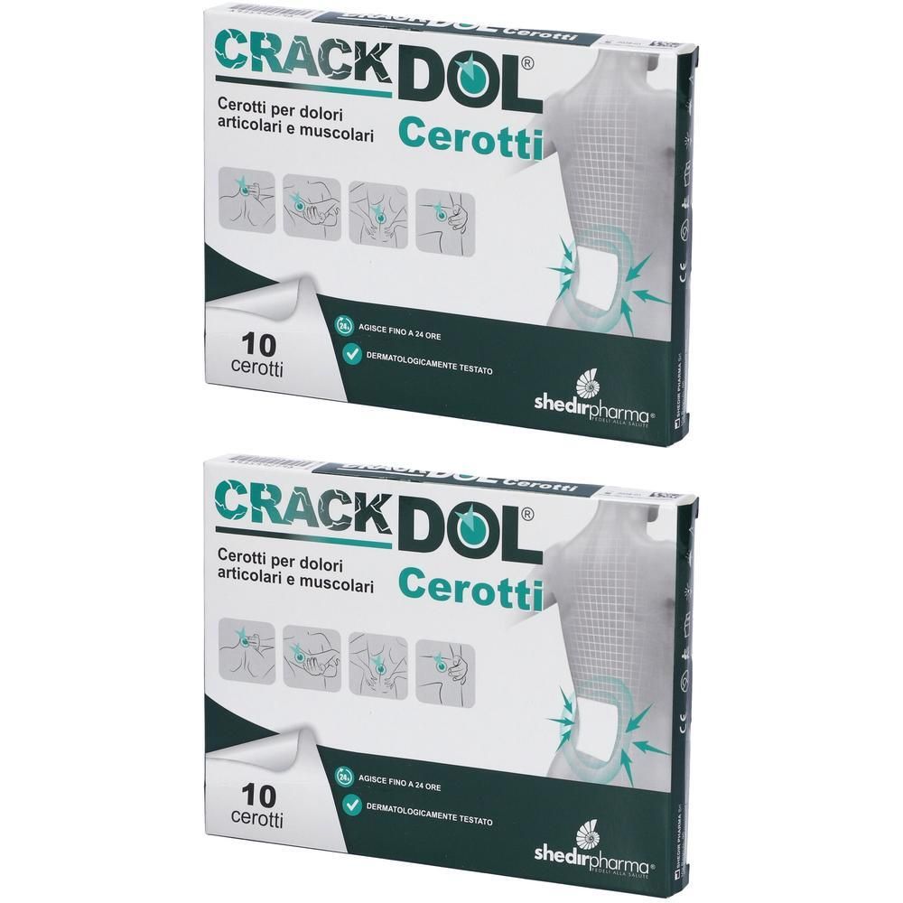 Due confezioni di cerotti Crackdol per dolori articolari e muscolari, ogni confezione contiene 10 cerotti.