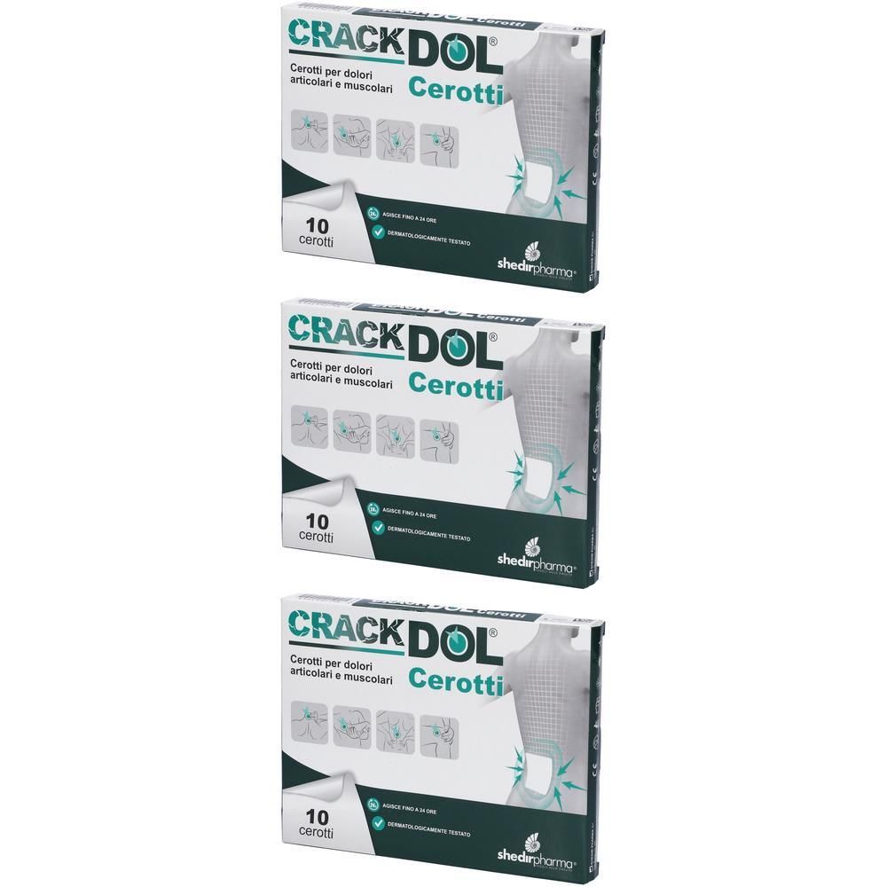 Tre confezioni di cerotti Crackdol per dolori articolari e muscolari, ogni confezione contiene 10 cerotti.
