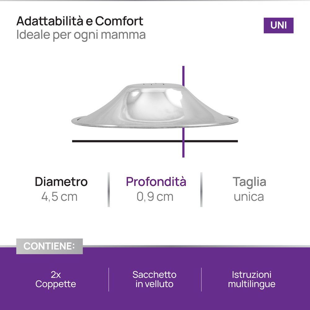 COVERBASICS Silver Cups: Diametro 4,5 cm, profondità 0,9 cm, taglia unica. Contiene: 2 coppette, sacchetto in velluto, istruzioni.