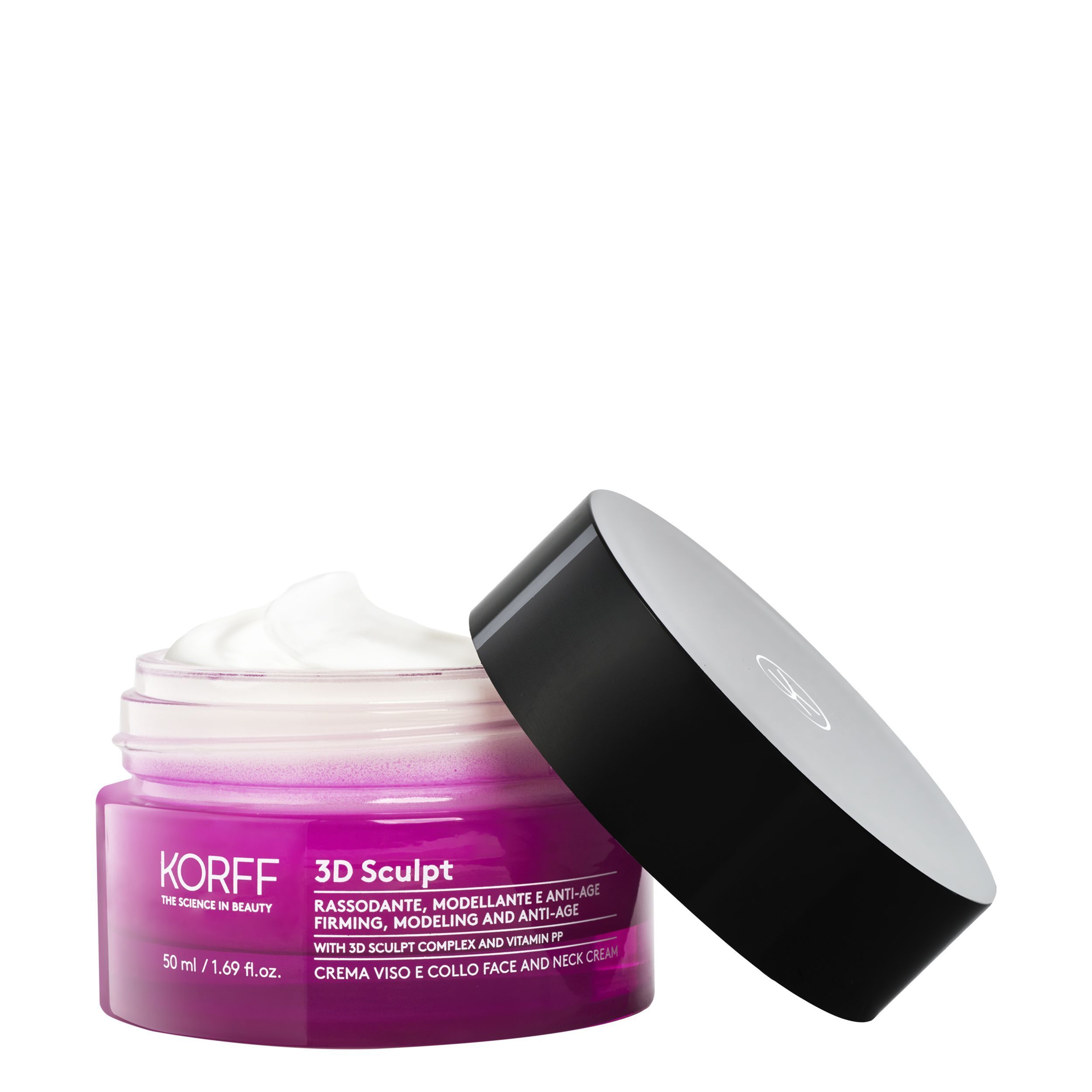 Un vasetto aperto di crema KORFF 3D Sculpt viso e collo con crema bianca e tappo nero.