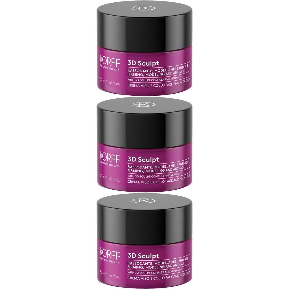 Tre vasetti di crema viso e collo KORFF 3D Sculpt con etichetta viola e coperchio nero.