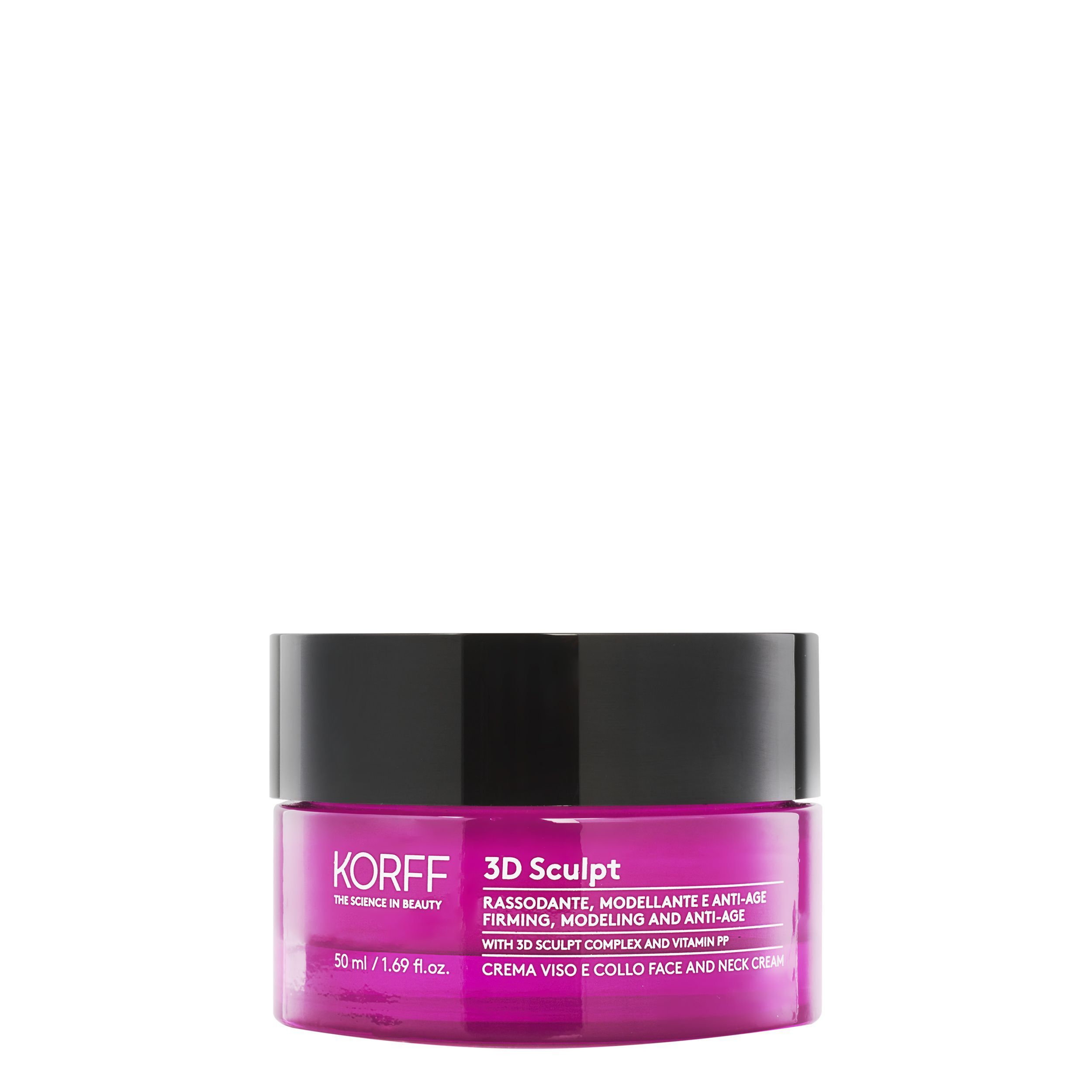 Un vasetto di crema viso e collo KORFF 3D Sculpt con etichetta viola e coperchio nero.