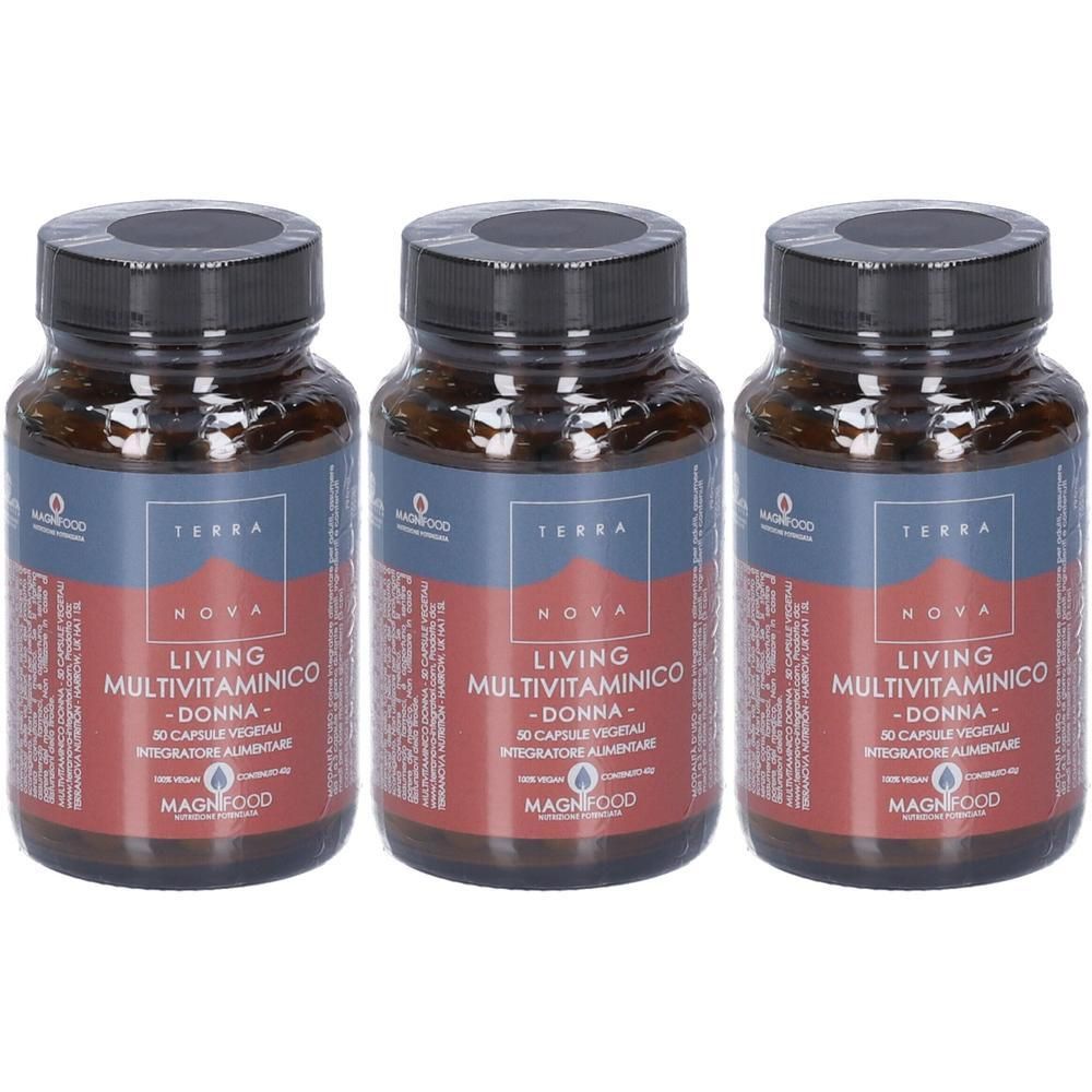 Tre flaconi di Terranova Living Multivitaminico Donna, 30 capsule.