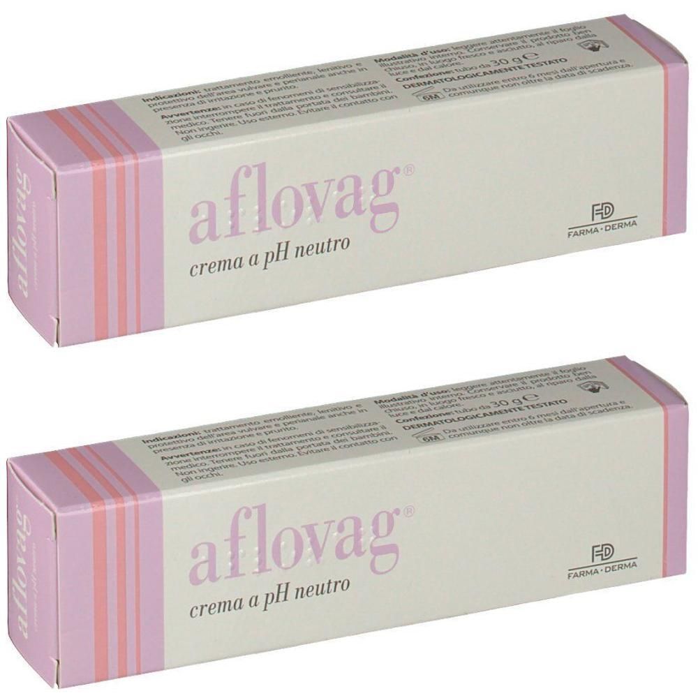 Due confezioni di crema Aflovag a pH neutro, 30g. Scatole bianche con strisce rosa e viola.