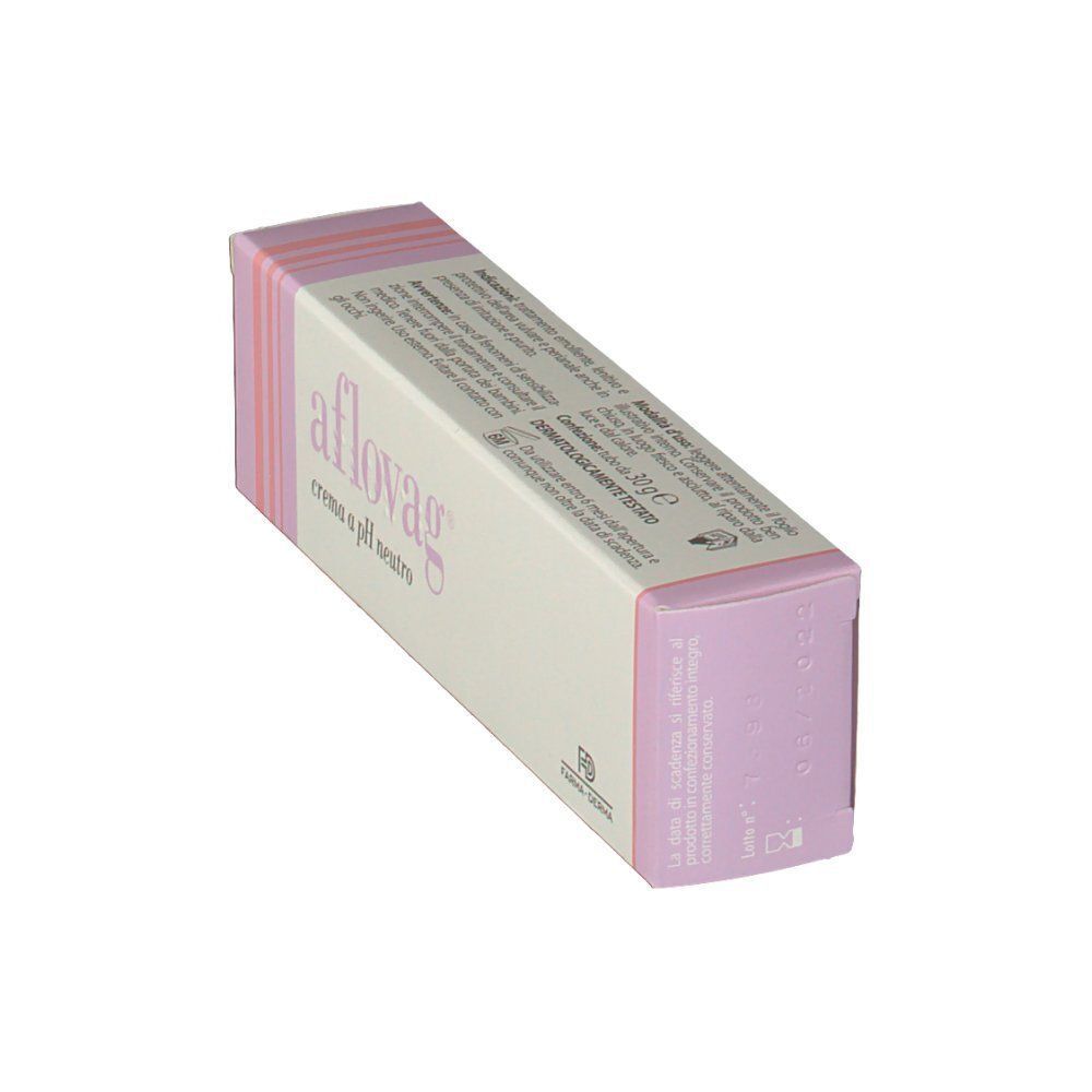 Una confezione di crema Aflovag a pH neutro, 30g, vista di tre quarti frontale. Scatola bianca con strisce rosa e viola.