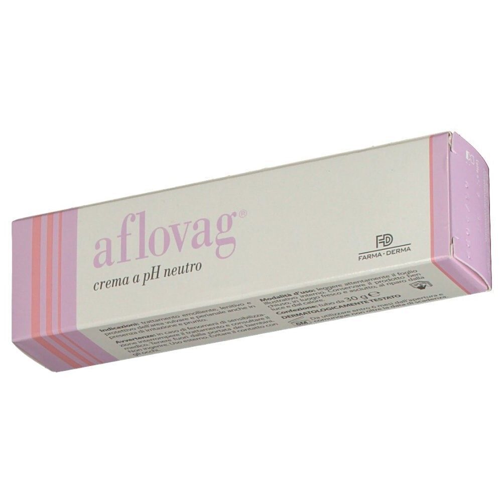 Una confezione di crema Aflovag a pH neutro, 30g. Scatola bianca con strisce rosa e viola.