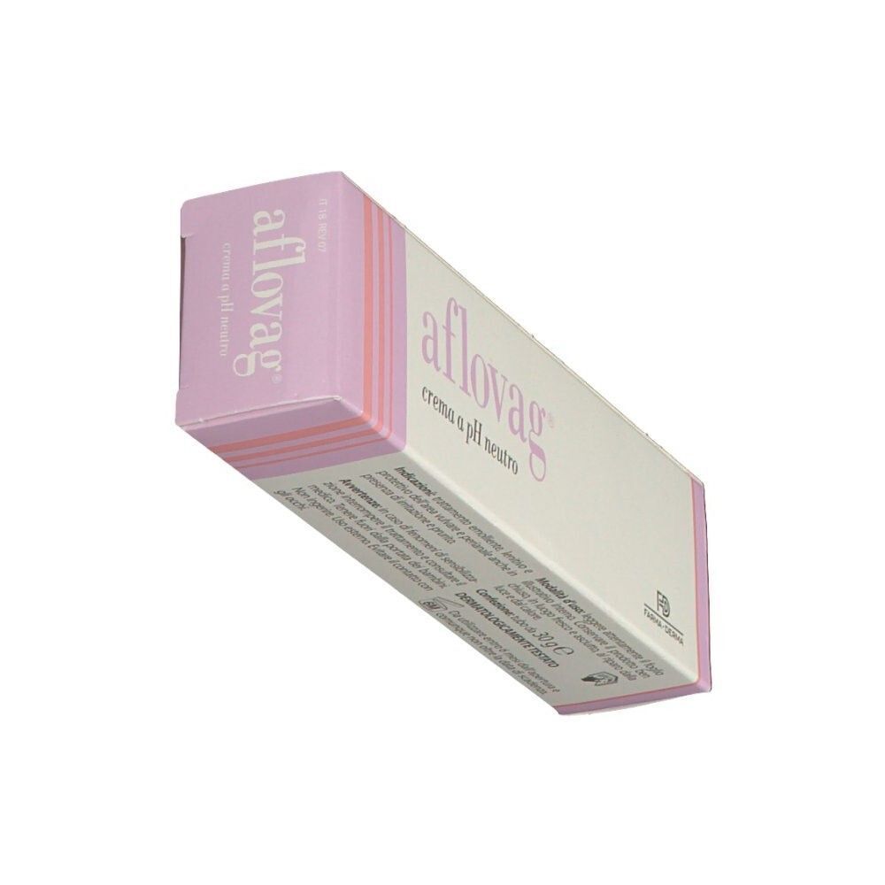 Una confezione di crema Aflovag a pH neutro, 30g, vista di tre quarti superiore. Scatola bianca con strisce rosa e viola.