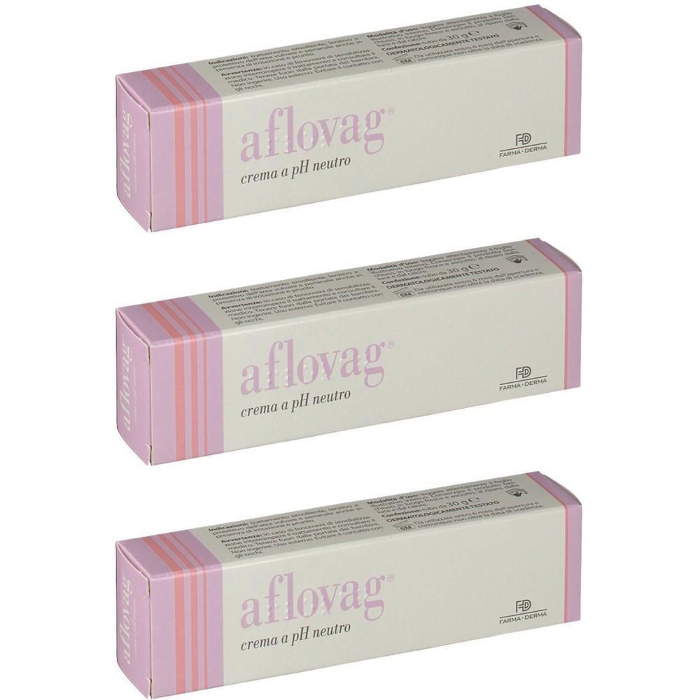 Tre confezioni di crema Aflovag a pH neutro, bianche con strisce rosa e viola.
