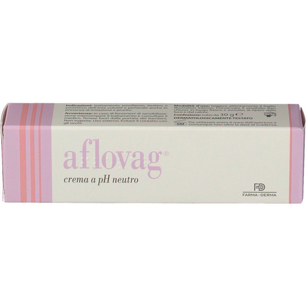 Una confezione di crema Aflovag a pH neutro, bianca con strisce rosa e viola, testo visibile.