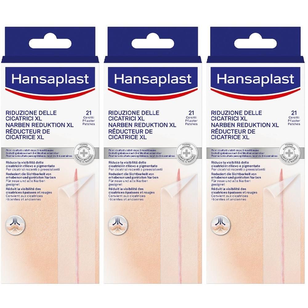 Hansaplast Cerotti Riduzione delle Cicatrici XL 21 pezzi da 3 x 14,6 cm, Cerotti cicatrici grandi