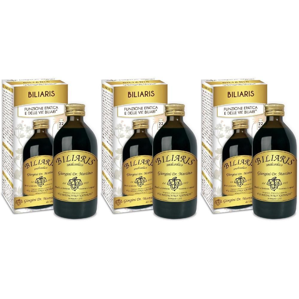Tre confezioni di Biliaris, ciascuna con due bottiglie di vetro scuro.