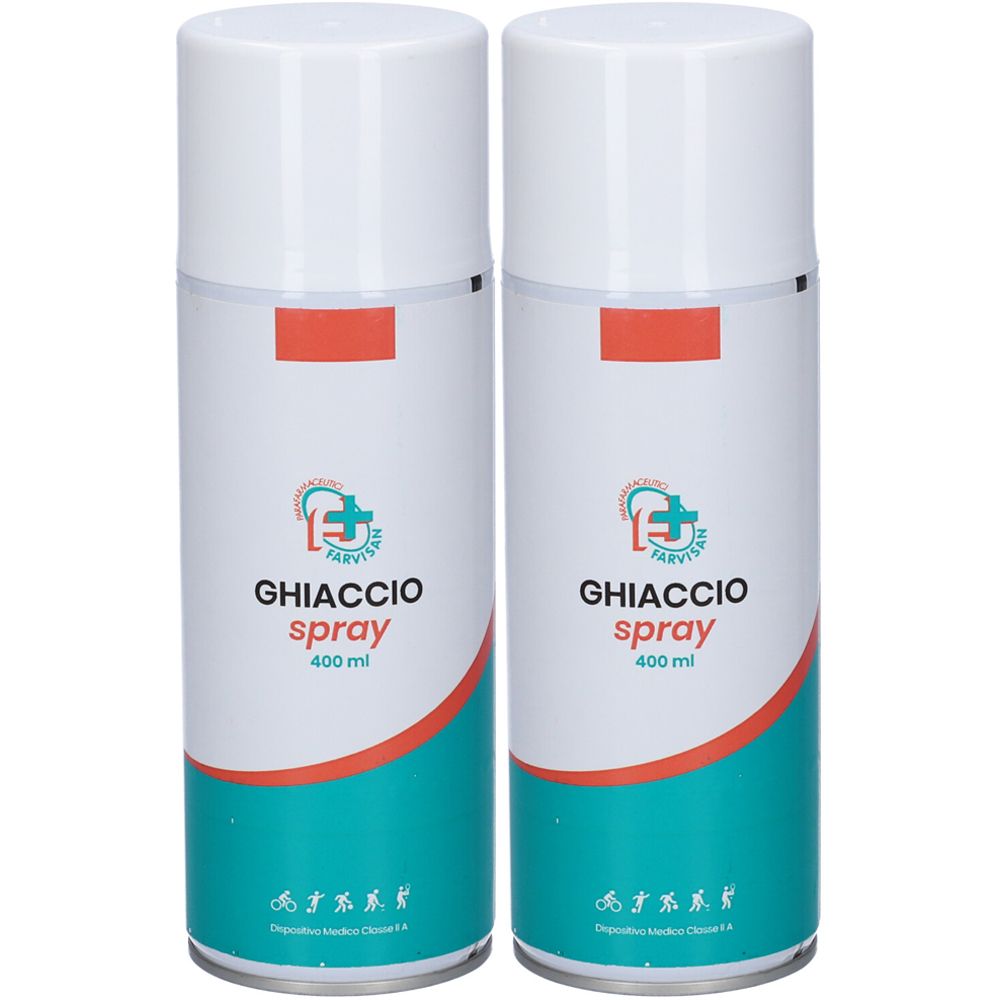 Due bombolette spray Ghiaccio Spray 400 ml con logo quadrato rosso.