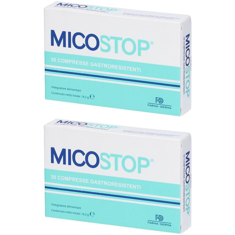 Due confezioni di Micostop da 30 compresse gastroresistenti ciascuna.