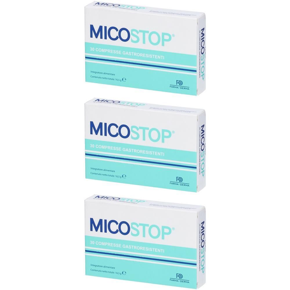 Tre scatole di Micostop, ciascuna con 30 compresse gastroresistenti.