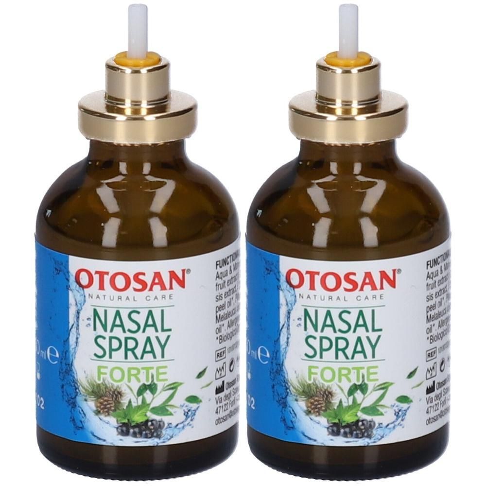 Due spray nasali Otosan in flaconi di vetro marrone con tappi dorati e applicatori bianchi.