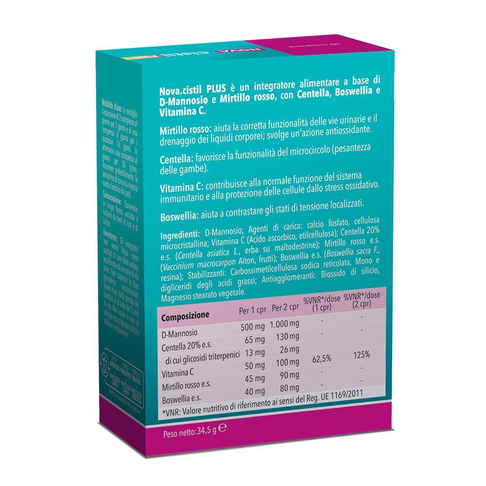Confezione di NOVA.CISTIL PLUS compresse. Integratore alimentare con D-Mannosio, Mirtillo rosso e Vitamina C.