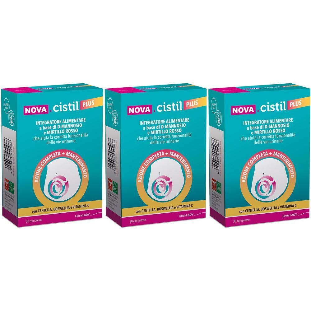 Tre confezioni di NOVA.CISTIL PLUS, integratore alimentare per le vie urinarie.