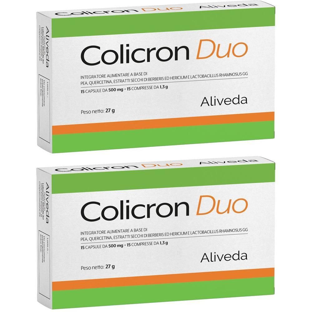 Due confezioni di Colicron Duo, ciascuna con 15 capsule e 15 compresse. Confezione verde e arancione con testo bianco.