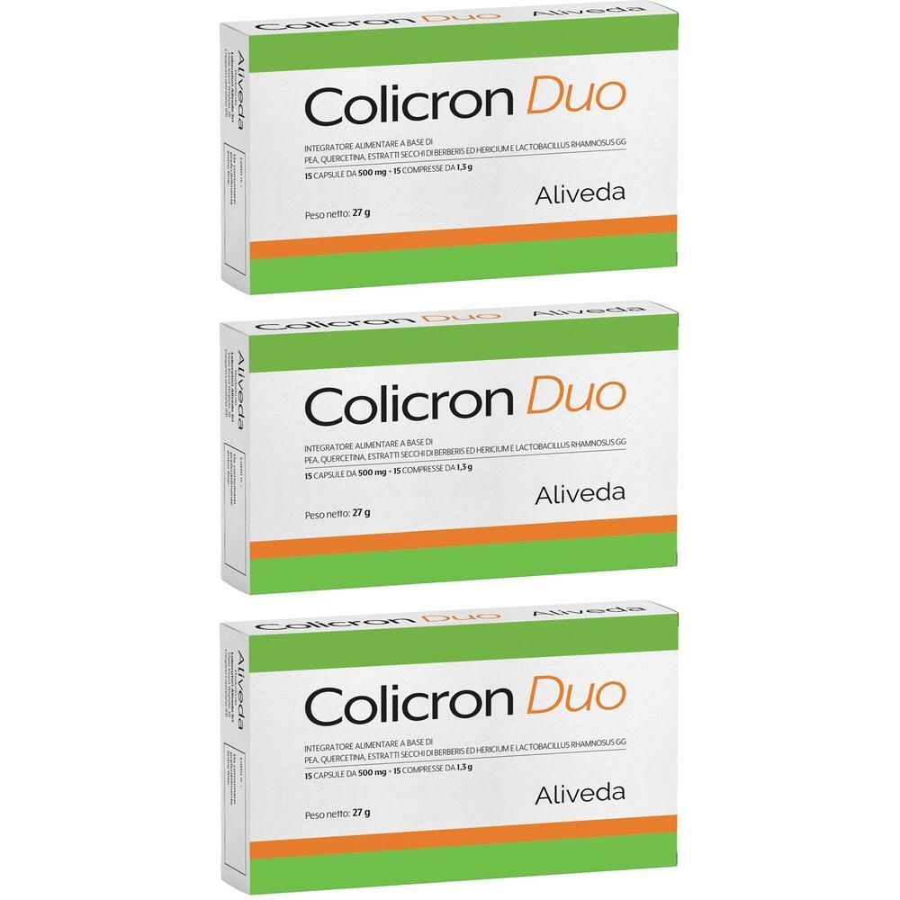 Tre confezioni di Colicron Duo con strisce verdi e arancioni. Ogni scatola contiene capsule e compresse.