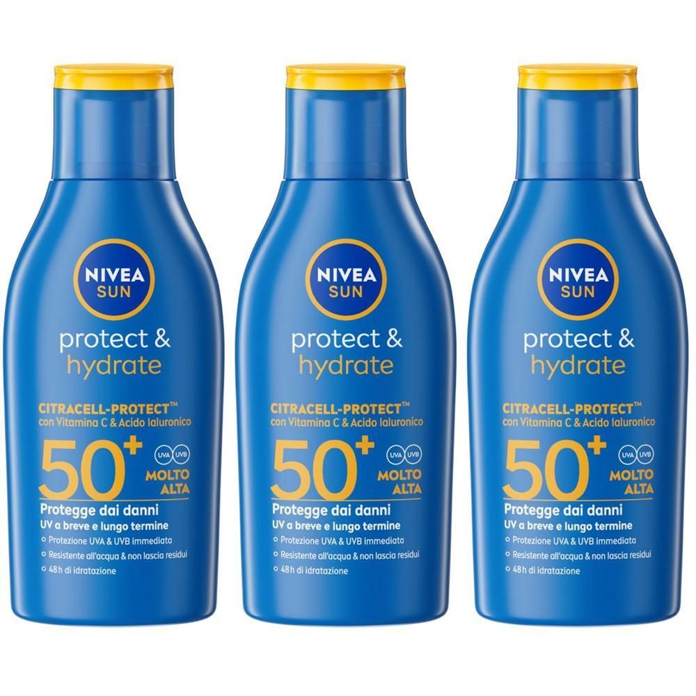Tre flaconi Nivea Sun Protect & Hydrate SPF50+ affiancati.