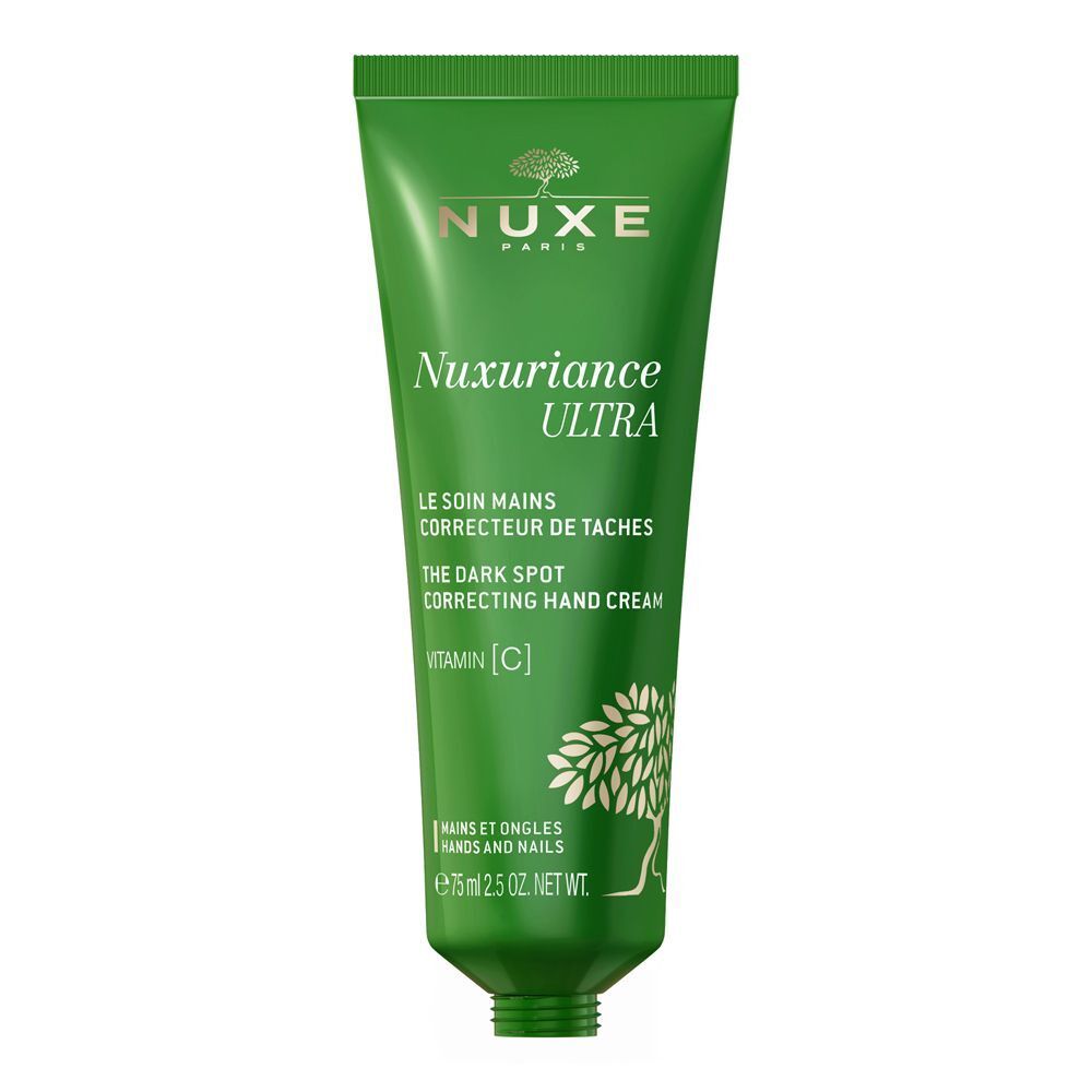 Un tubo verde di Nuxe Nuxuriance Ultra Crema Mani Correttore Macchie.