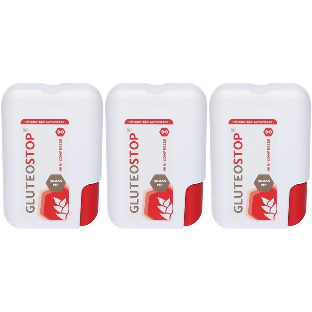 Tre contenitori bianchi GluteoStop Mini Compresse, 90 compresse.