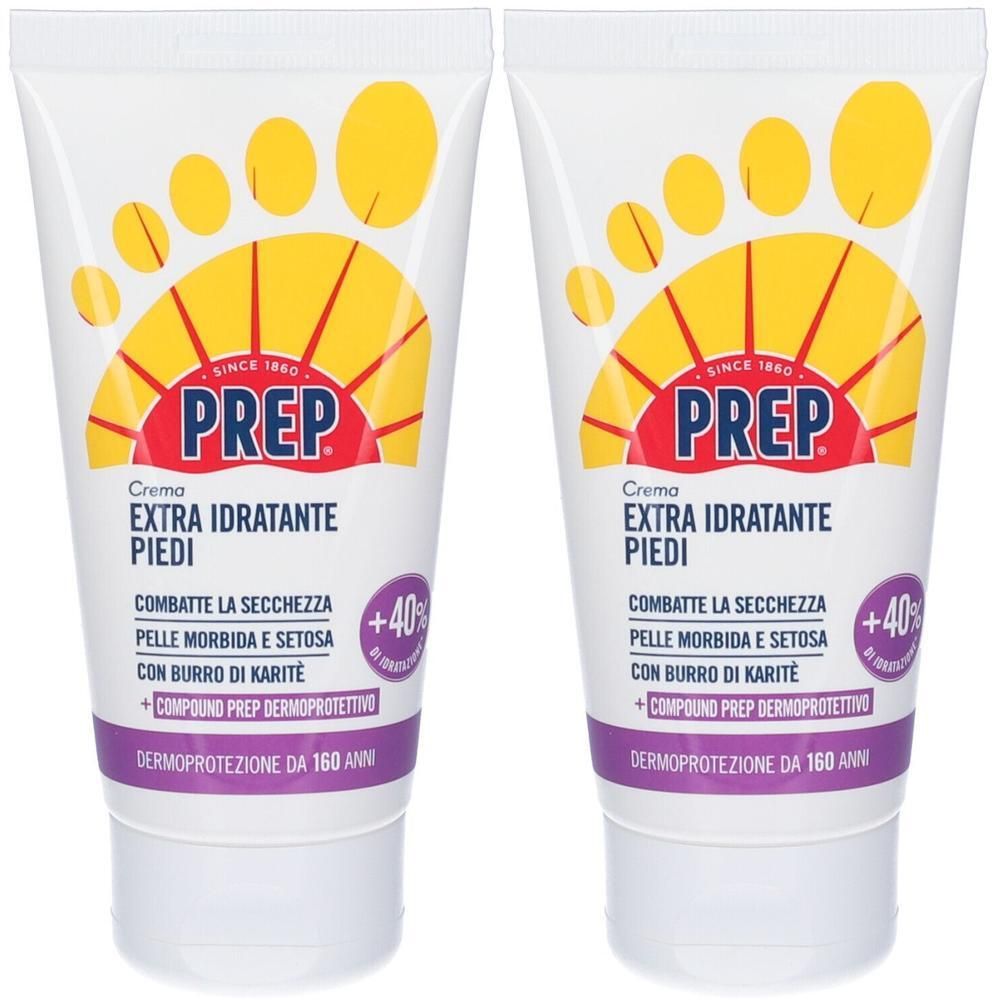 Due tubi di Prep Crema Extra Idratante Piedi con simbolo di piede. Contiene burro di karité.