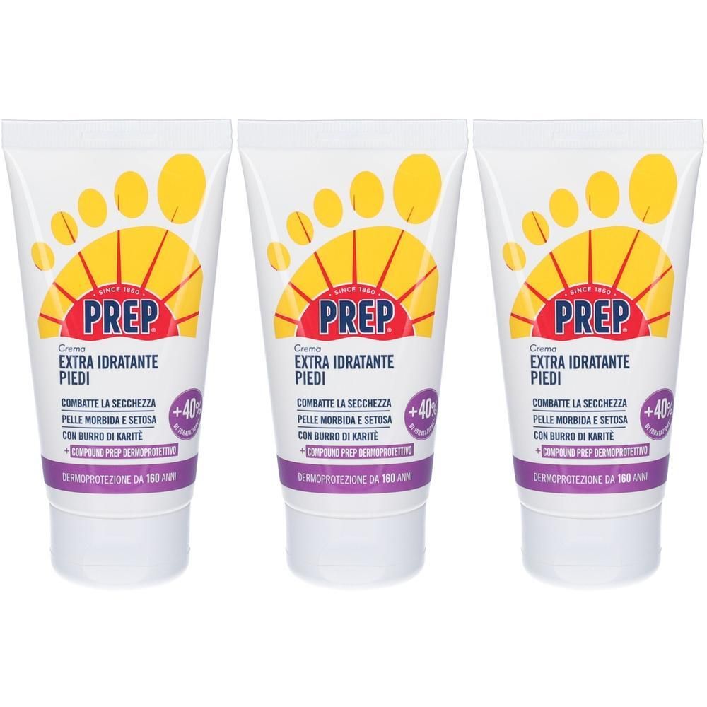 Tre tubi di Prep Crema Extra Idratante Piedi con simbolo di piede. Contiene burro di karité.