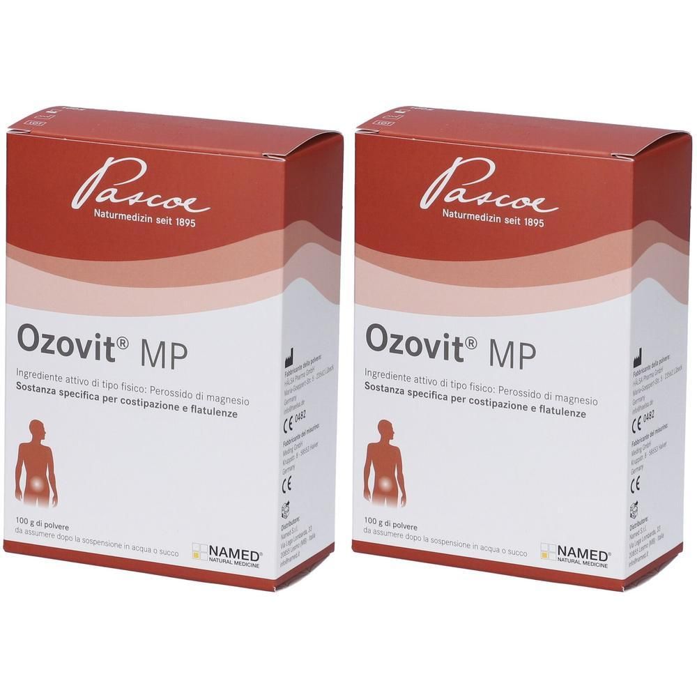 Due confezioni di Ozovit MP in polvere con informazioni sulla digestione.