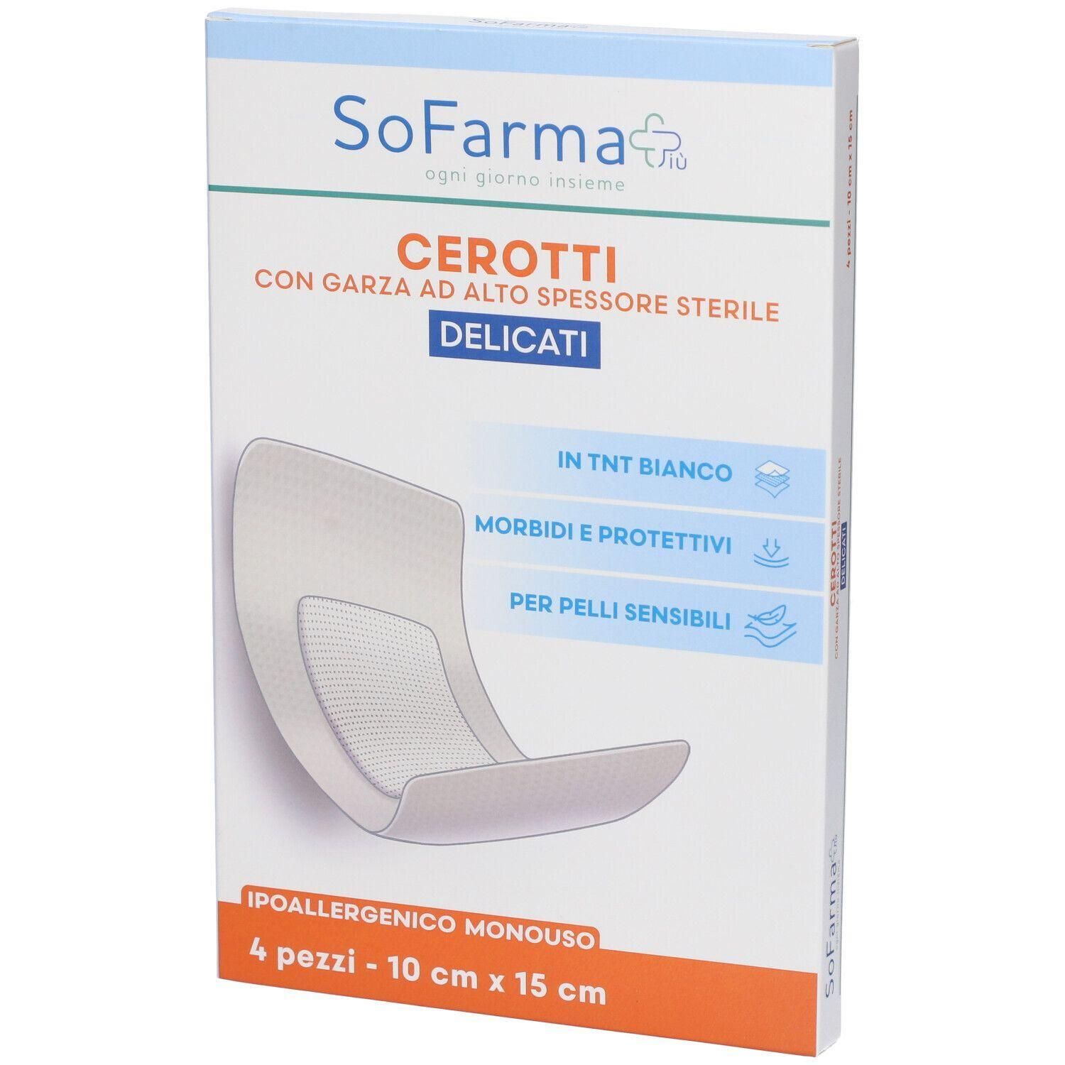 Confezione da 4 cerotti delicati sterili, 10x15 cm.