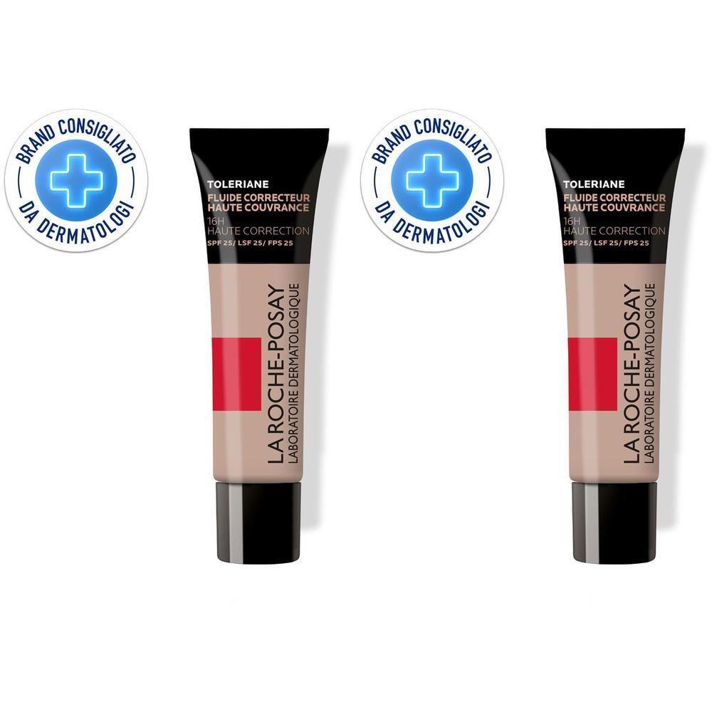 Due tubetti di fondotinta fluido La Roche-Posay Toleriane con accento rosso e sigillo dermatologico.