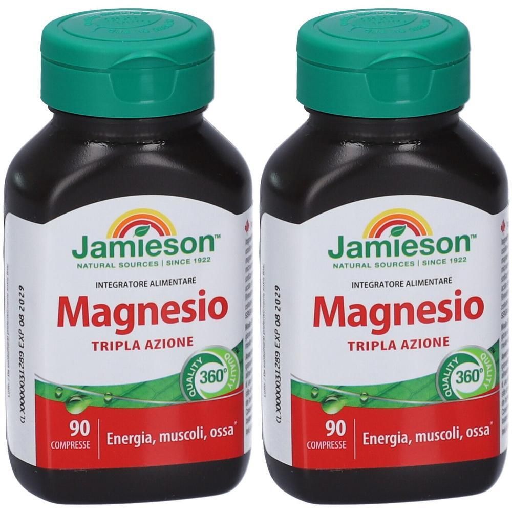 Due flaconi di Jamieson Magnesio Tripla Azione, 90 compresse per flacone. Per energia, muscoli e ossa.