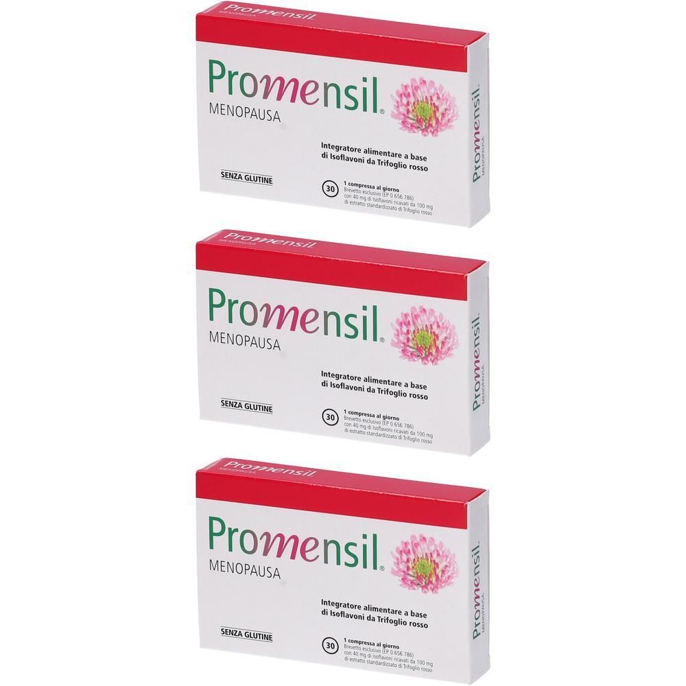 Tre confezioni di Promensil Menopausa, integratore alimentare.