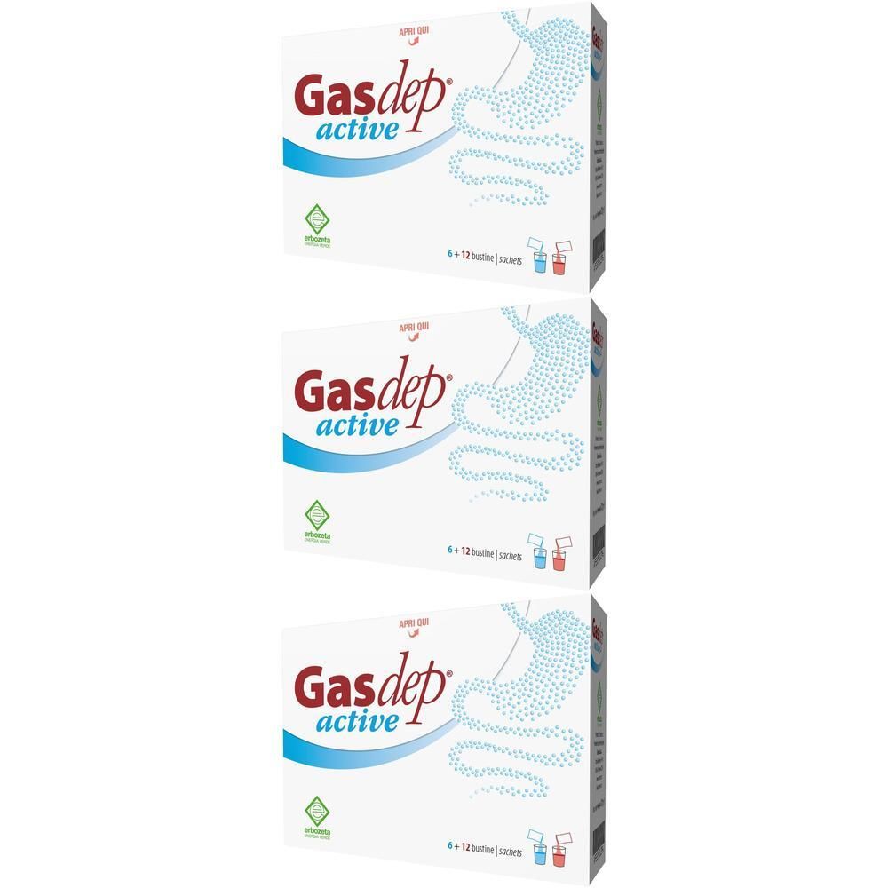Tre confezioni di Gasdep active con immagine dello stomaco e indicazione 6x12 bustine.