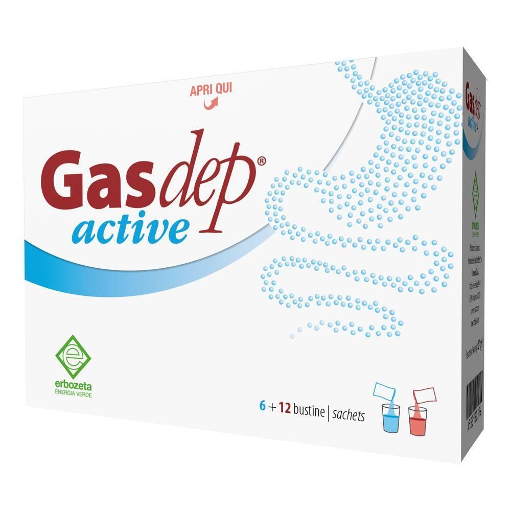 Confezione Gasdep active da 18 bustine, logo Erbozeta.