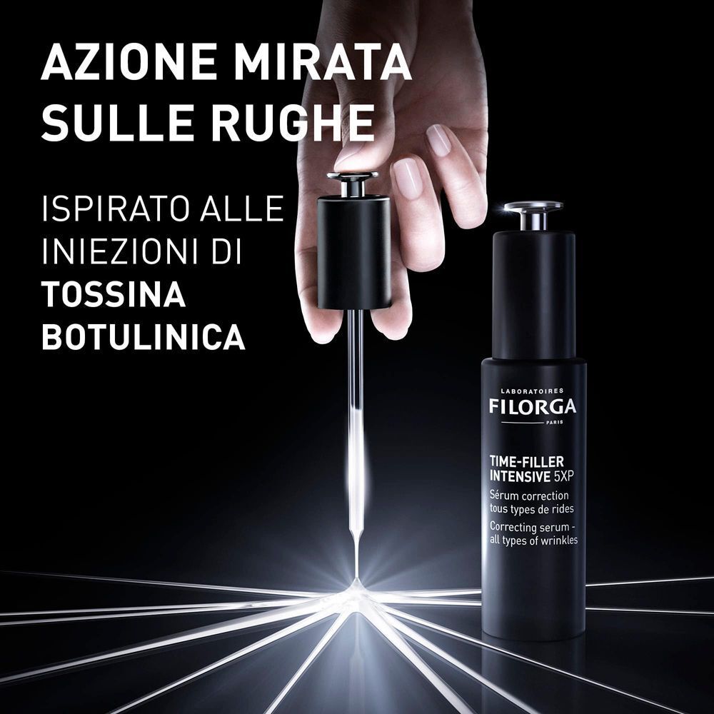 Pipetta con siero sopra un flacone Filorga Time-Filler Intensive 5XP, ispirato alle iniezioni di tossina botulinica.