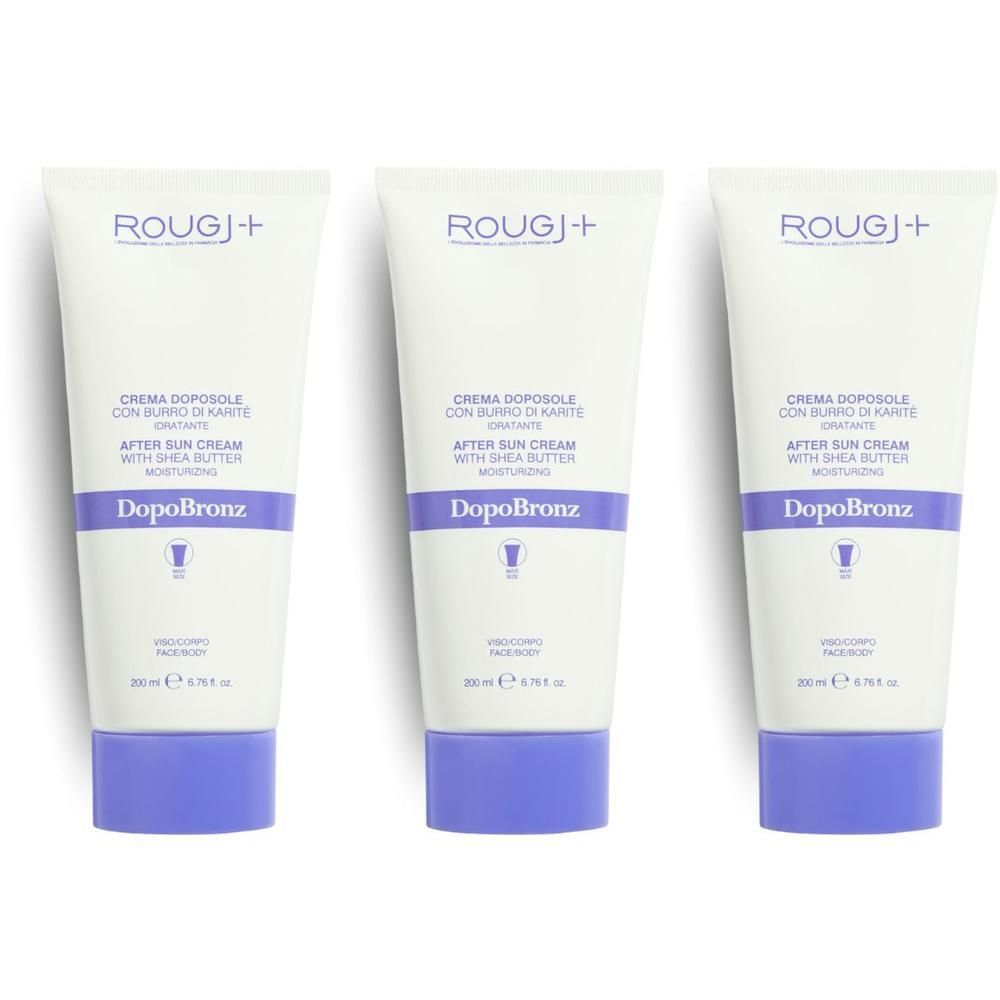 Tre tubi di Rougj+ DopoBronz Crema Doposole con burro di karité.