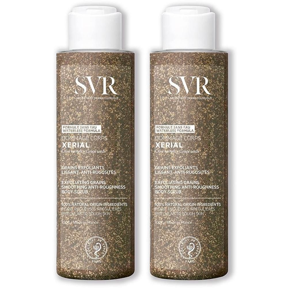 Due flaconi di SVR Xerial Gommage Corpo, esfoliante corpo senza acqua, con grani visibili.