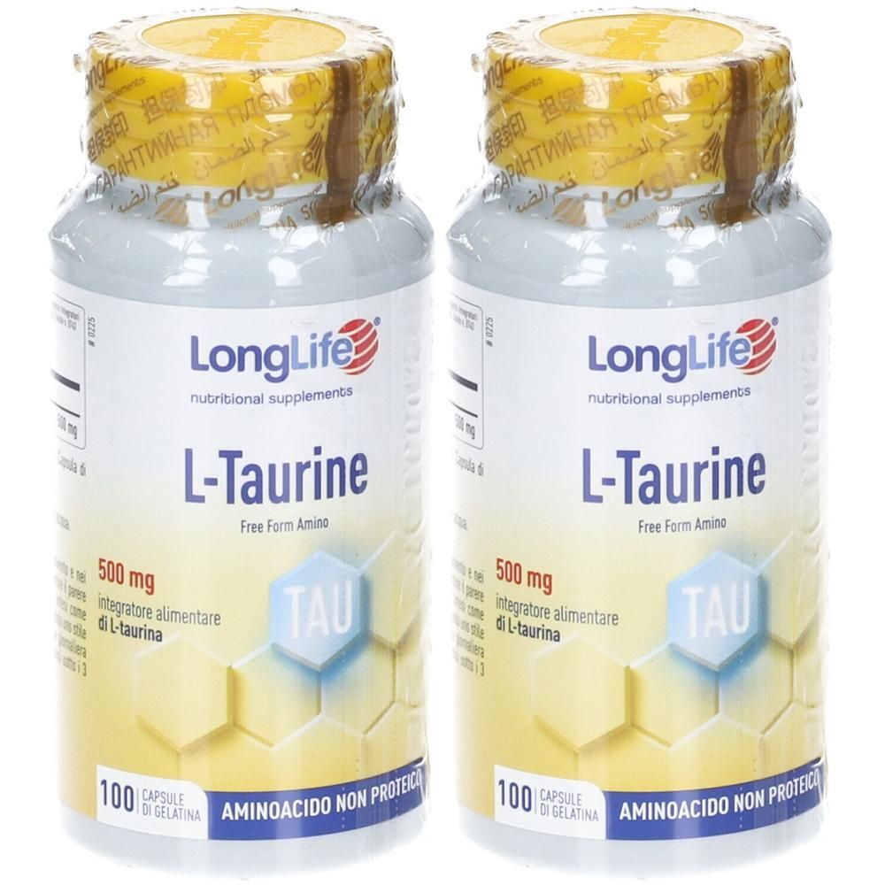 Due flaconi di LongLife L-Taurina 500mg capsule, 100 capsule per flacone.
