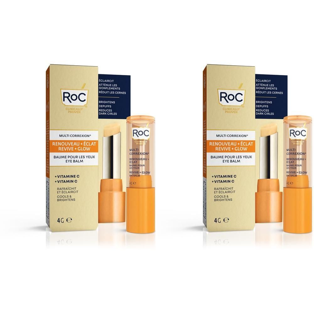 Due stick di balsamo occhi ROC Multi Correxion con confezione. Lo stick è in un astuccio arancione con cappuccio trasparente.