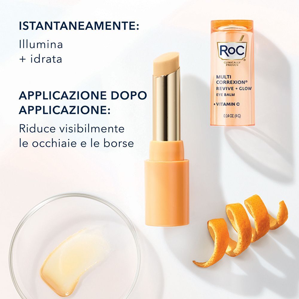 Stick di balsamo occhi ROC Multi Correxion, aperto. Accanto, un piccolo contenitore con balsamo e scorza d'arancia.