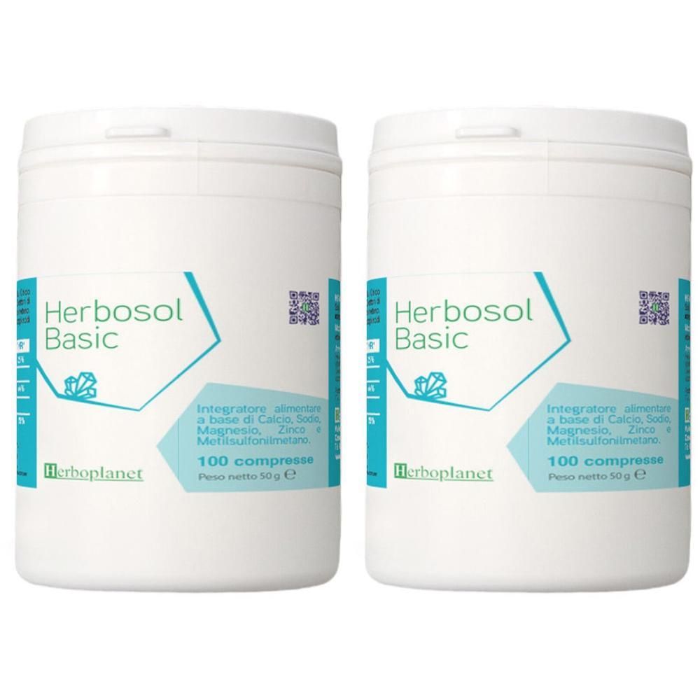 Due contenitori bianchi di integratori Herbosol Basic, 100 compresse ciascuno.