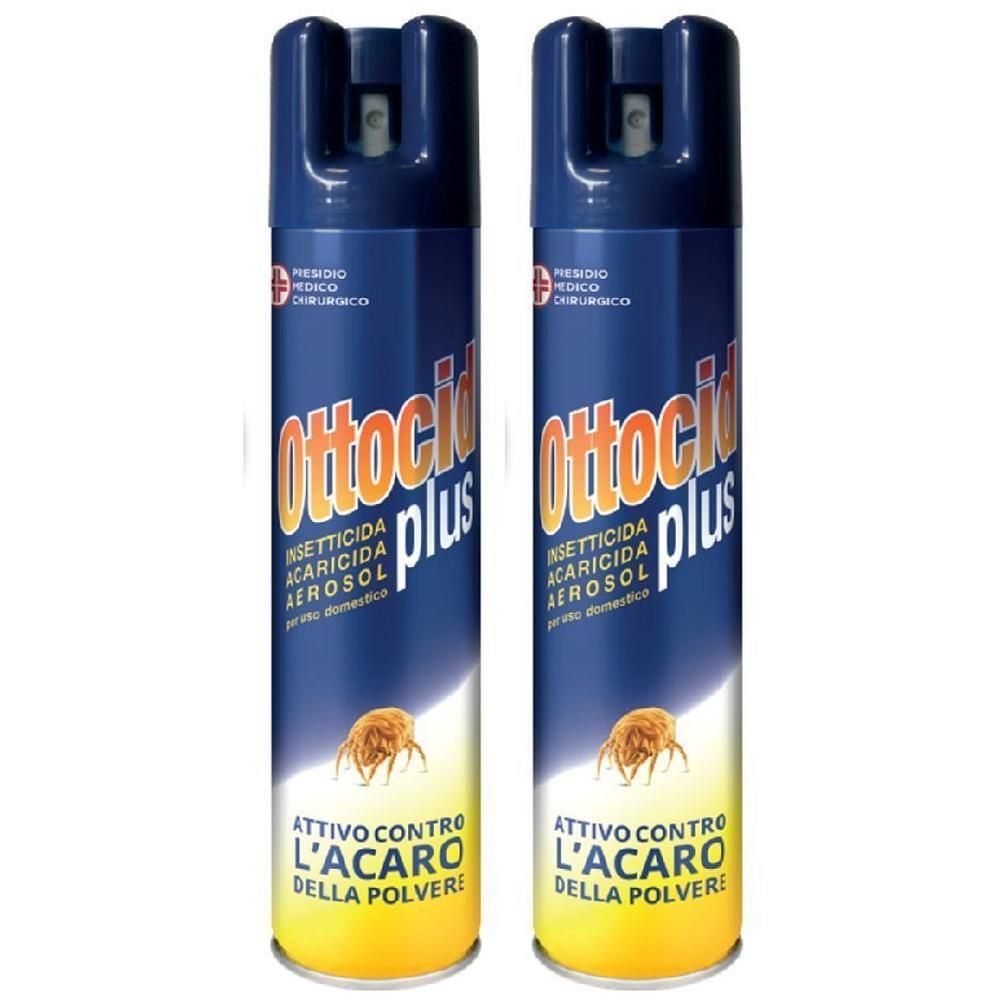 Due bombolette spray Ottocid Plus Insetticida Acaricida Aerosol.