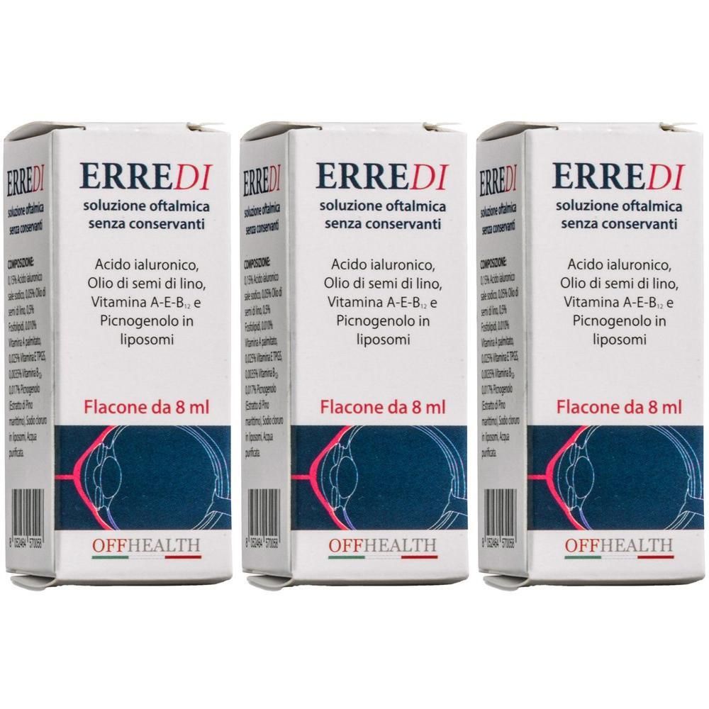 Tre scatole di collirio ErreDi, 8 ml ciascuna. Con immagine oculare e logo OFFHEALTH.