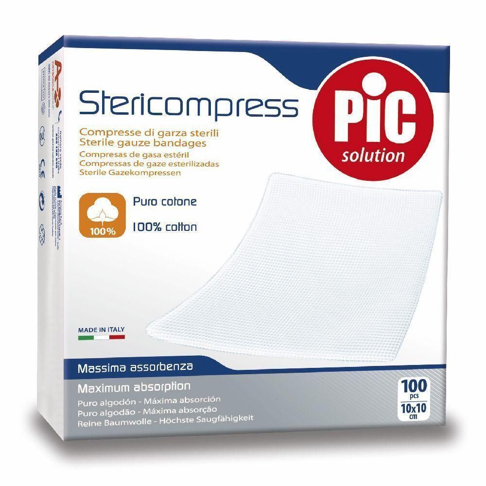 Confezione da 100 compresse di garza sterile 100% cotone, 10x10 cm.