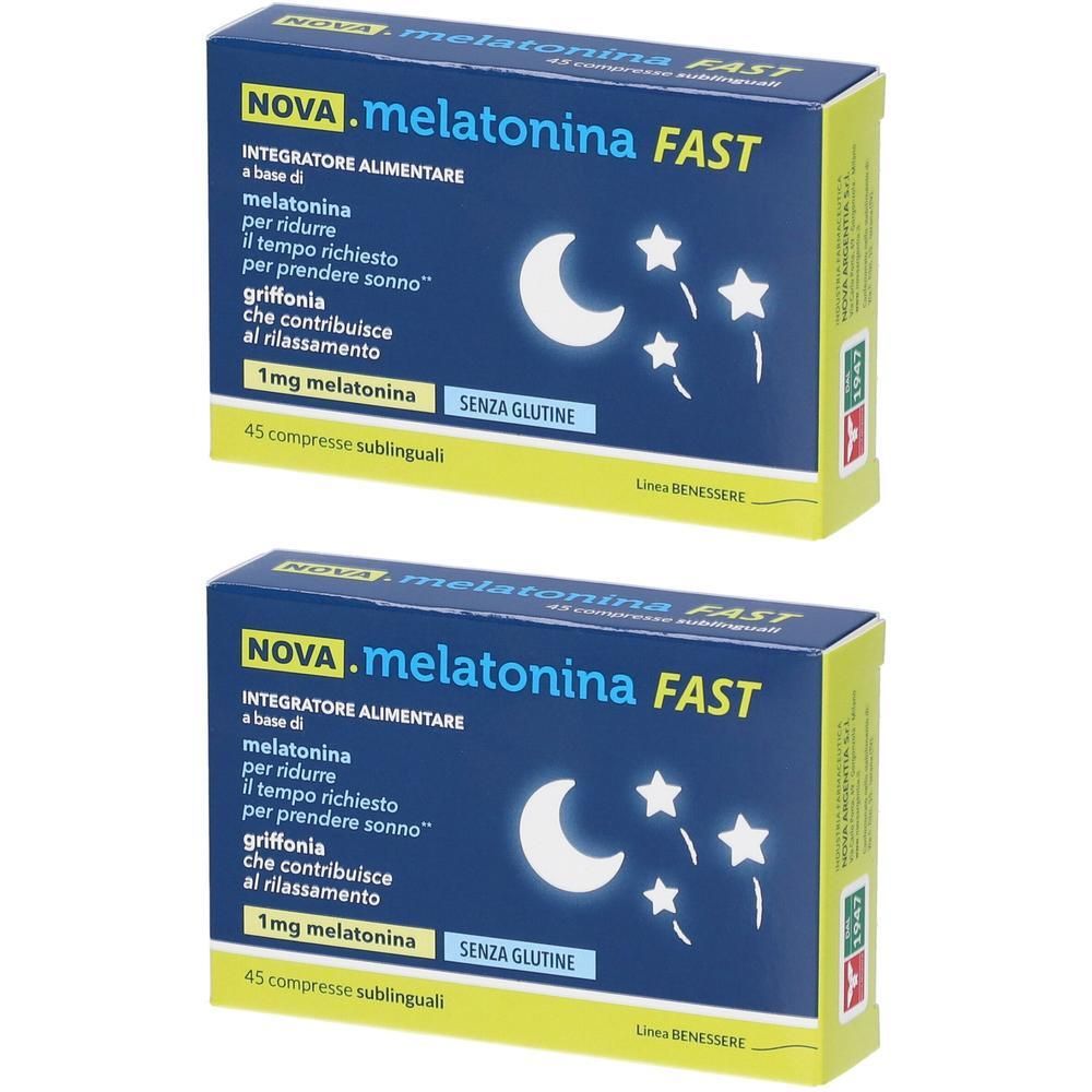Due confezioni di NOVA.melatonina FAST, 45 compresse sublinguali per confezione. Contiene 1 mg di melatonina.